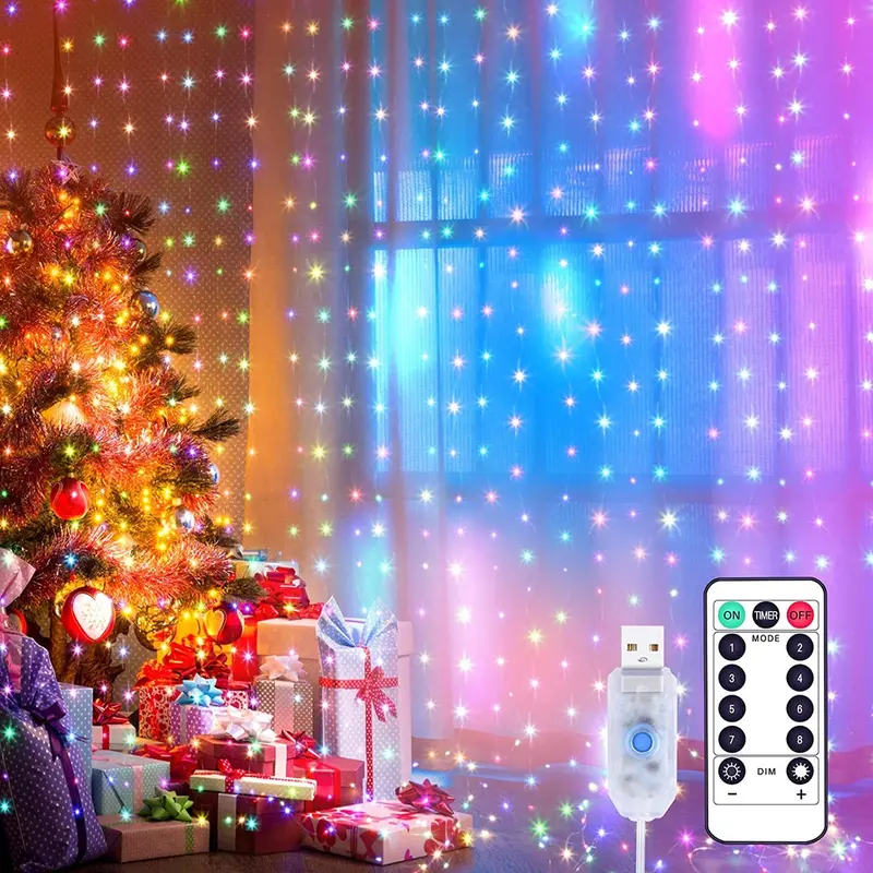 Rèm Đèn Ngoài Trời Icicle, 3Mx3M, 300LED, Dây Đèn Lãng Mạn Để Trang Trí Đám Cưới Và Giáng Sinh, Với Điều Khiển Từ Xa 13 Phím, Nguồn Điện USB 0