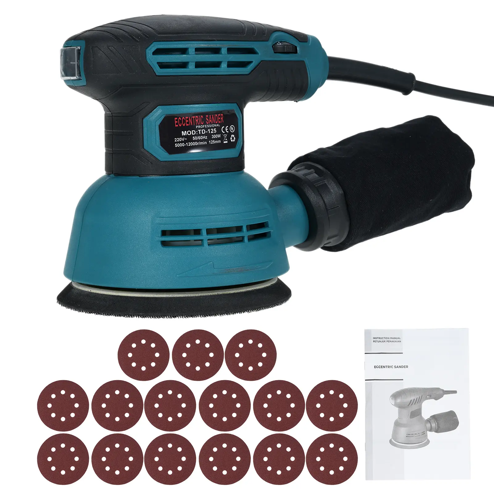 5-Inch Random Orbital Sander with 15Pcs Sandpapers 12000RPM 6 Variable Speed Sander Machine High Performance Dust Collection System for Woodworking Dust Collection Bag Include