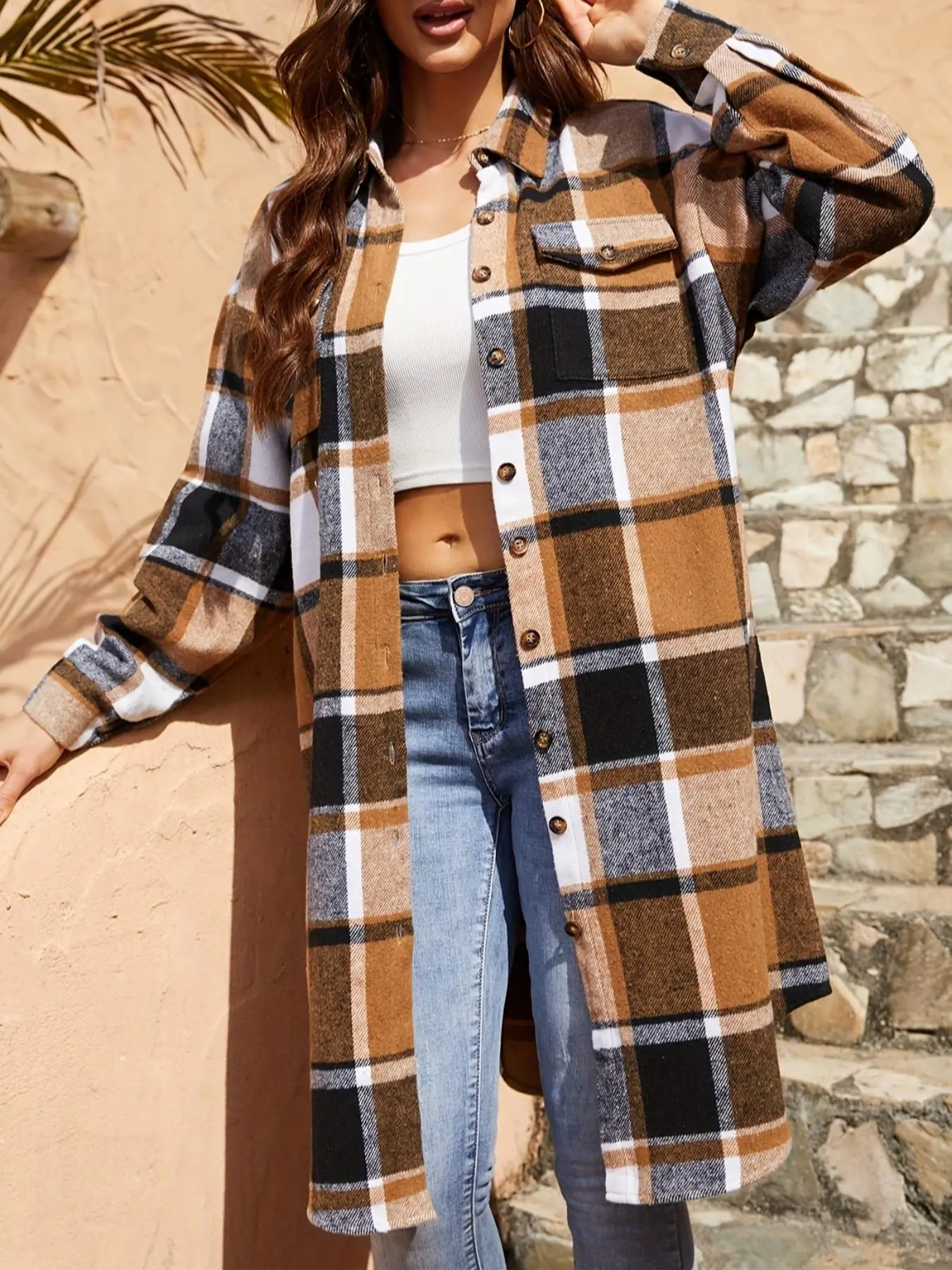 Women's Plaid Print Button Front Curved Hem Shirt, Casual Drop Shoulder Long Sleeve Pocket Top for Daily Wear, Ladies Clothes for All Seasons