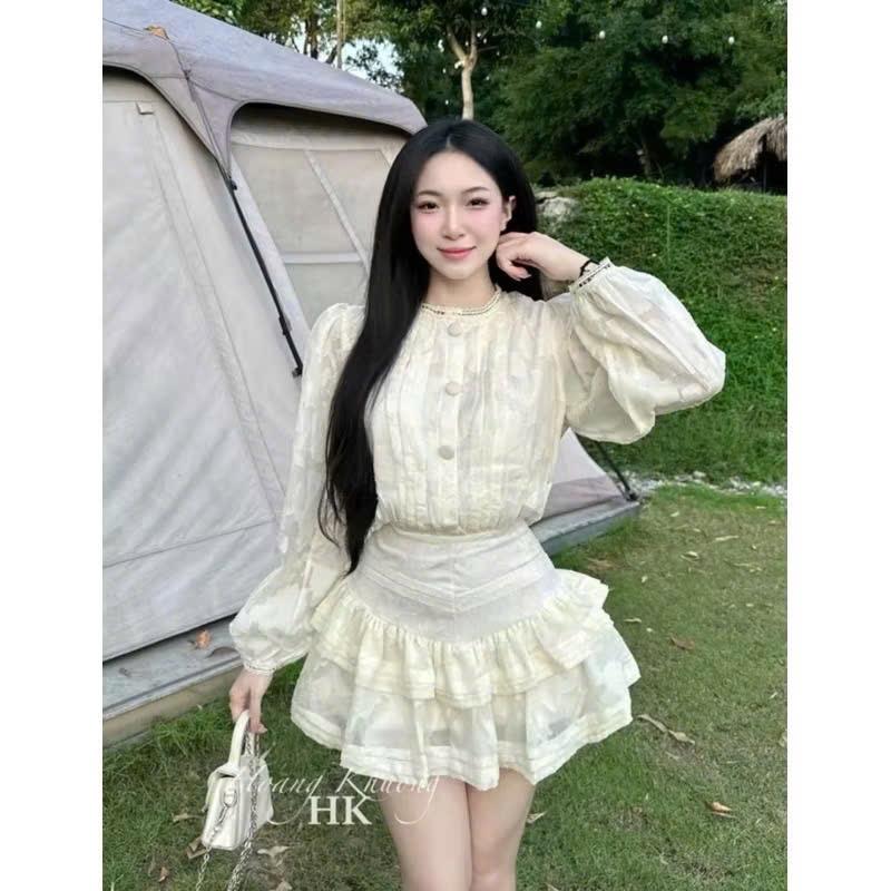  MÈO MỠ BIGSIZE — Đầm hoa nổi kem nút bọc tay dài kèm chân váy dáng ngắn phồng bigsize nữ 60-95kggg 