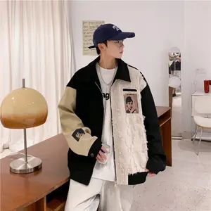 【Pengiriman di hari yang sama】American Retro Splicing Jaket Pria Musim Semi dan Gugur Pasang Merek High Street Kebesaran Bajingan Tampan Kasual Sepeda Motor Perkakascod