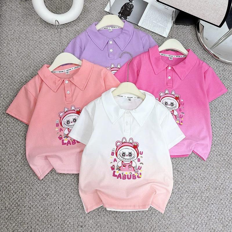 (18-30kg) Áo phông có cổ cho bé gái loang in hình gấu LaBuBu Dâu cho bé 4 màu