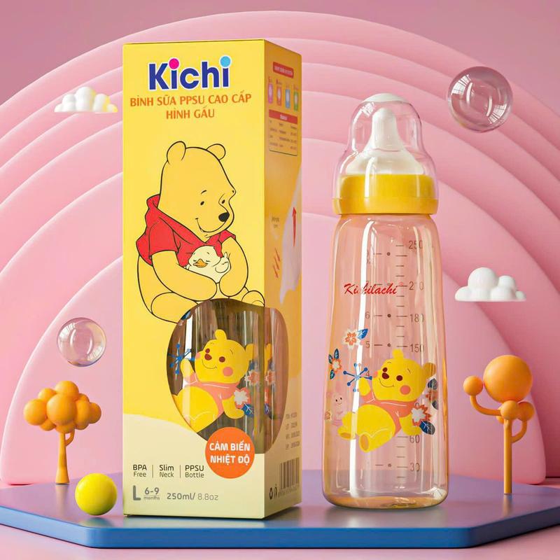 ( Tặng Khăn Sữa ) Bình Sữa Cổ Hẹp PPSU Cao Cấp KICHI 80ml - 150ml - 250ml Hình Gấu Voi
