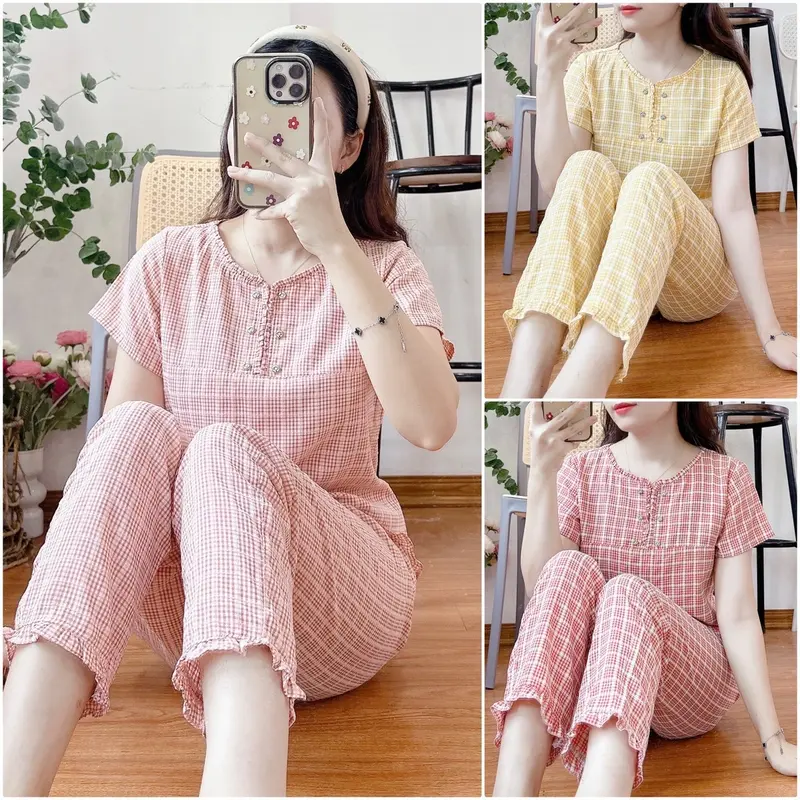 Bộ mặc nhà 6 khuy cổ nhún bèo xinh chất thô kẻ lông mềm. 0