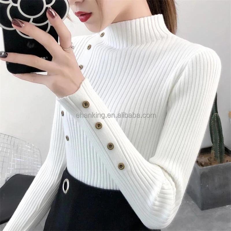 Product Introduction of K105 Women Knitted Slim Sweaters Solid Knitted Female Cotton Soft Elastic Color Pullovers Button Full Sleeve Turtleneck 3