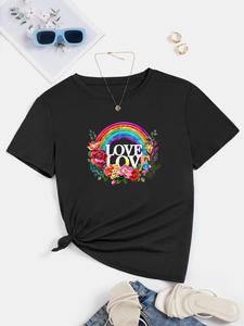 Trendy Casual Floral & Letter Print Tee, Perfect Summer Outfit for Women, Comfortable and Stylish Round Neck T-shirt, Ideal for Daily Wear, Machine Washable and Durable Material