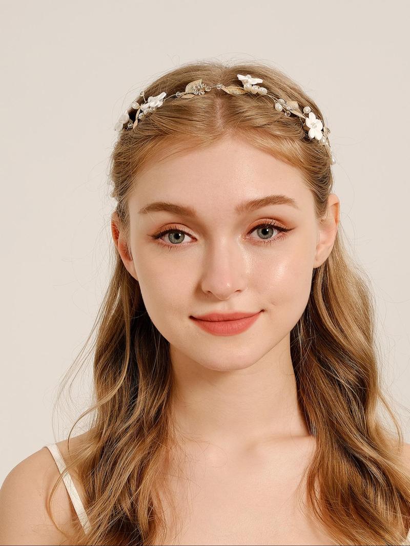 Product Introduction of Faux Pearl & Rhinestone Decorated Headband, Elegant Flower Design Headband for Wedding Bridal Party Formal Occasions, Fashion Accessories for Women 4