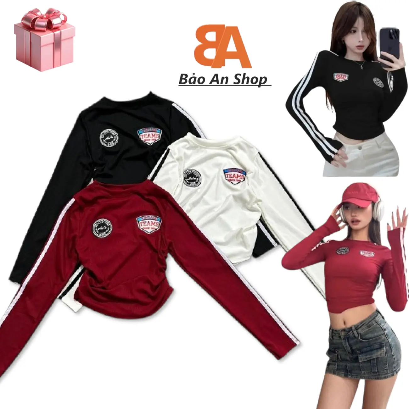 [A36] Áo thun nữ kiểu tay dài sọc phối thể thao năng động cá tính chất vải thun gân len Free Size
