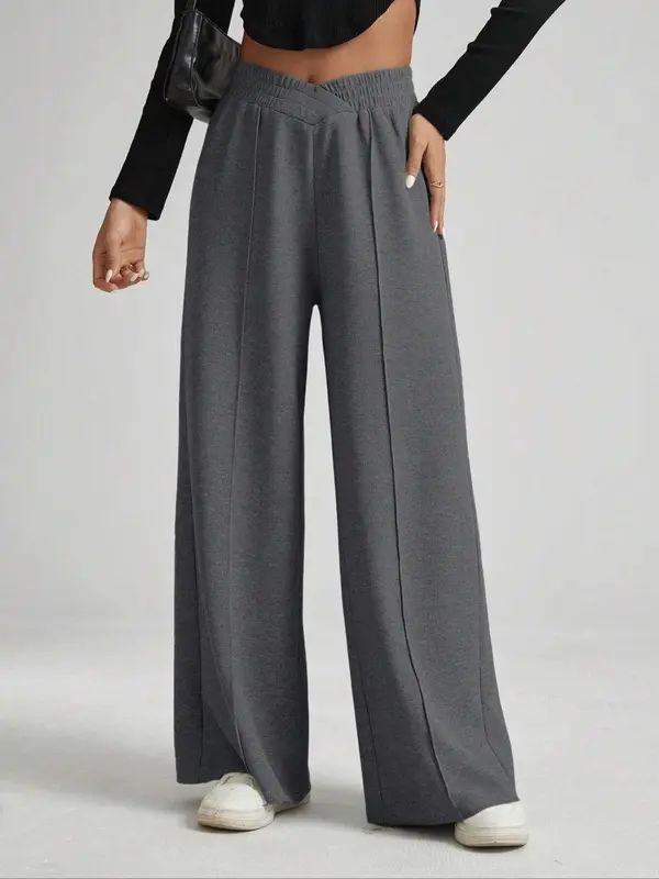 Women's Solid High Waist Wide Leg Sweatpants, Casual Minimalist Comfy Elastic Waist Trousers for Daily Wear, Trousers for Women, Fashion Ladies Bottoms for All Seasons, Wideleg Baggy Pants, Wide Legged Pants, Womenswear, Casual Basic Trousers 4