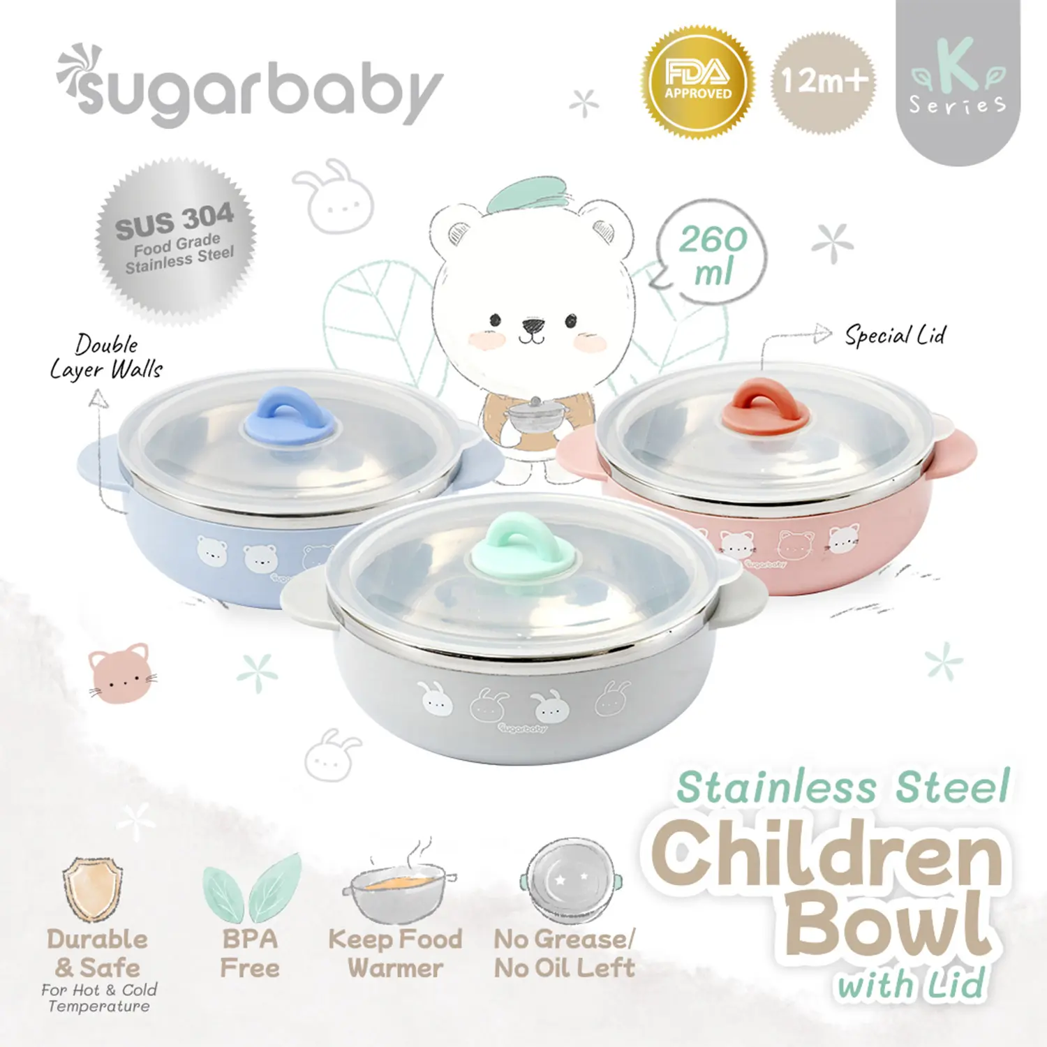 Sugar Baby Stainless Steel Children Bowl/Sugarbaby Mangkok Stainless Anak/Perlengkapan MPASI