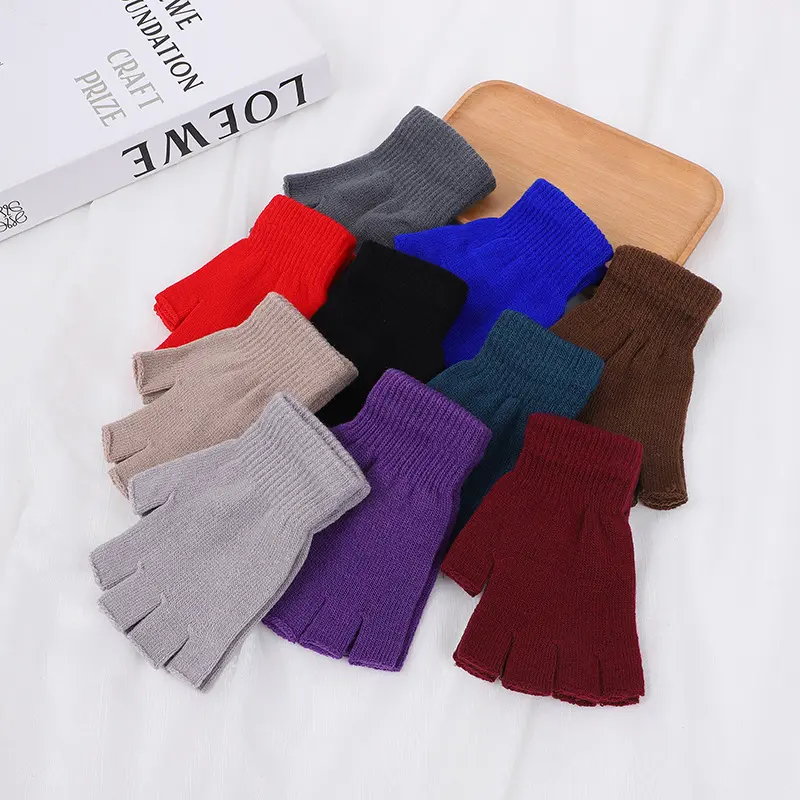 1 Pair Colorful Knitted Short Half Finger Gloves Autumn Winter Knitted Elastic Warm Wrist Glove Solid Color Cycling Accessories