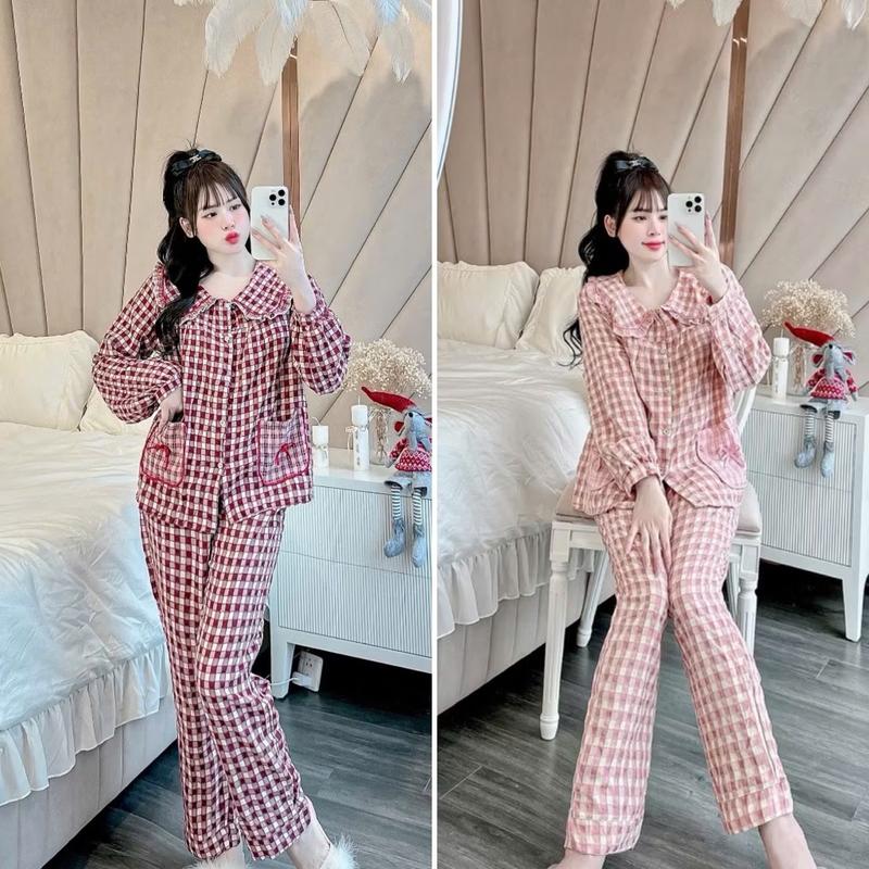 COMBO 2 Bộ đồ bầu và sau sinh chất đũi kẻ nhung, cổ bèo, túi nơ mềm mịn Free size 40-70kg Thoải mái Thoáng khí dành cho mẹ bầu