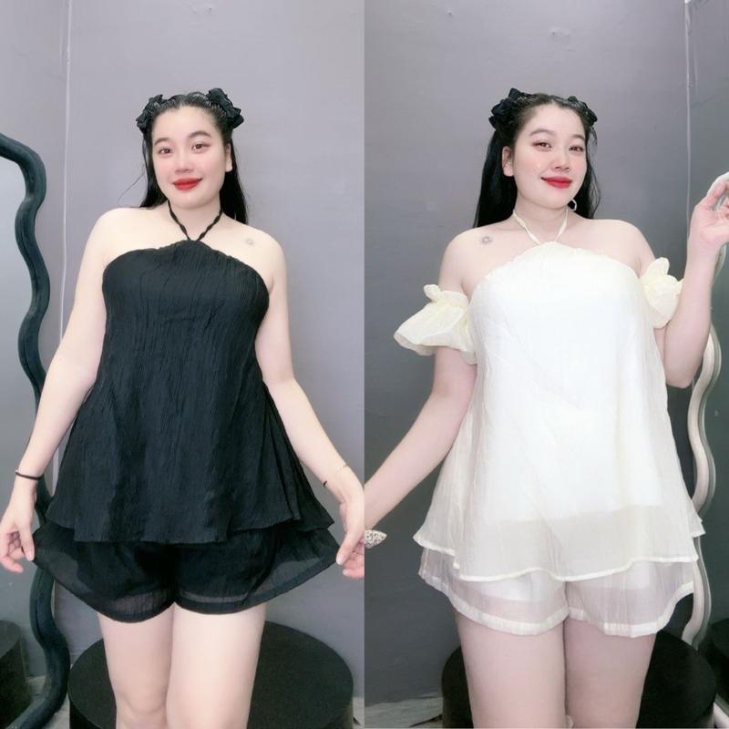 Set bộ yếm bigszie nữ áo dây bẹt vai dáng babydoll vải đũi tơ có lớp lót quần đùi lưng cao có túi style tiểu thư SET818