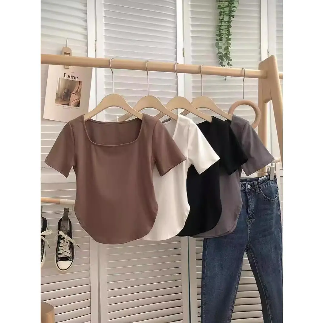 Foreign Trade New Style French Pure Sexy Solid Color Short-Sleeved T-shirt Women's Summer Casual Square Collar Bottoming Women's T-shirt Wholesale