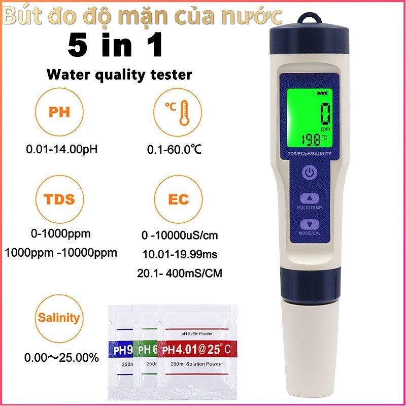 Bút đo độ Mặn Của Nước 5 Trong 1 PH/TDS/EC/độ Mặn/nhiệt độ Kèm 3 Gói PH Chuẩn- Thủy Tộc Chất Lượng Nước - LAMJAD STORE
