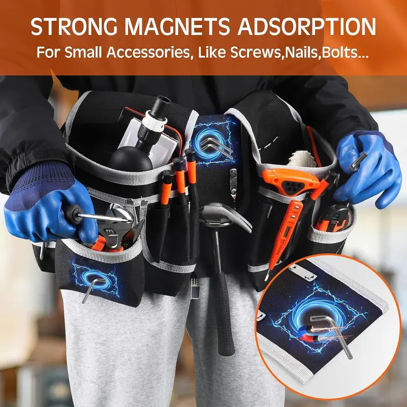 Magnetic Tool Pouch, Portable Heavy Duty 26-pockets Padded Tool Belt for Men, Detachable & Adjustable Industrial Tool Pouch Bag for Electrician, Carpenter, Construction 4