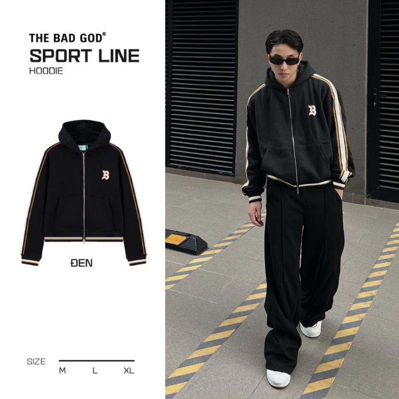 Áo Hoodie Zip Boxy Nam The Bad God SPORT LINE - Menswear Dài Tay Đen Có Túi