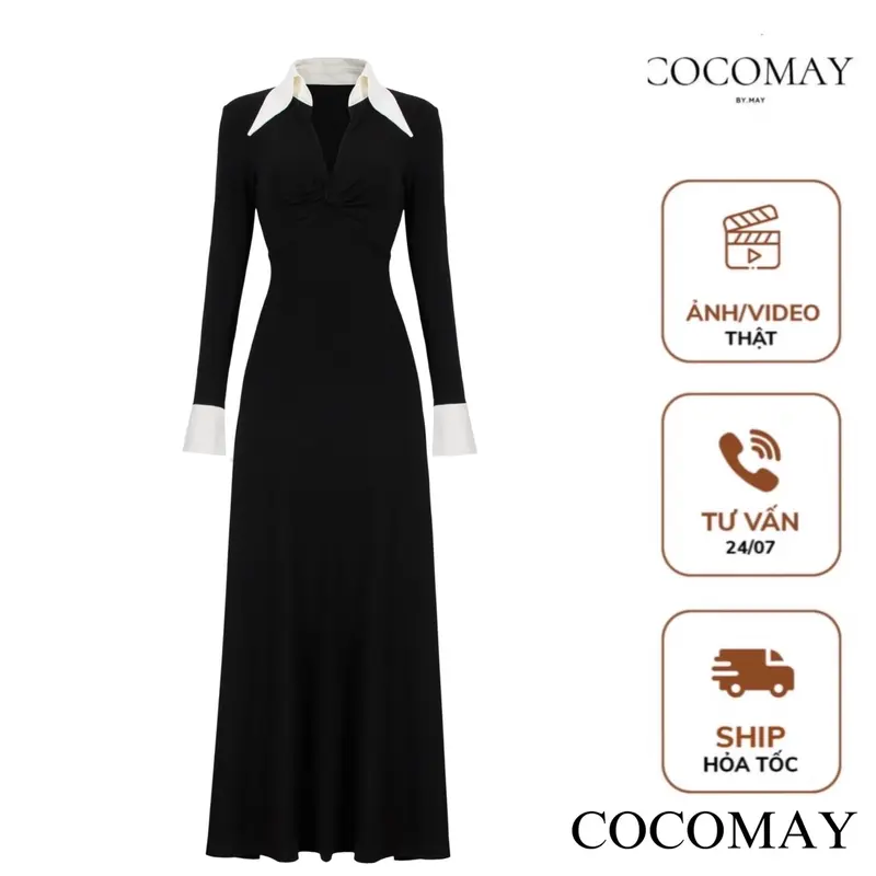 COCOMAY Đầm maxi xoắn ngực tay dài phong cách Nữ Women Dress Đen - Đỏ 3