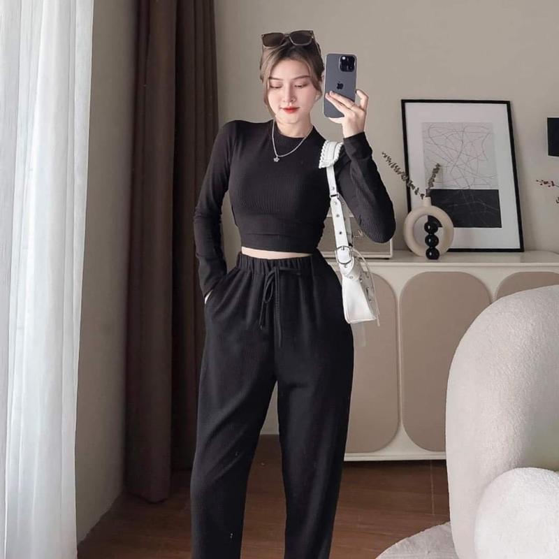  Sét bộ dài tay nữ  áo croptop size 40 tới 63kg chất thun tăm  nhỏ  dày dặn co dãn thỏa mái. Ong Voi Màu Đen 