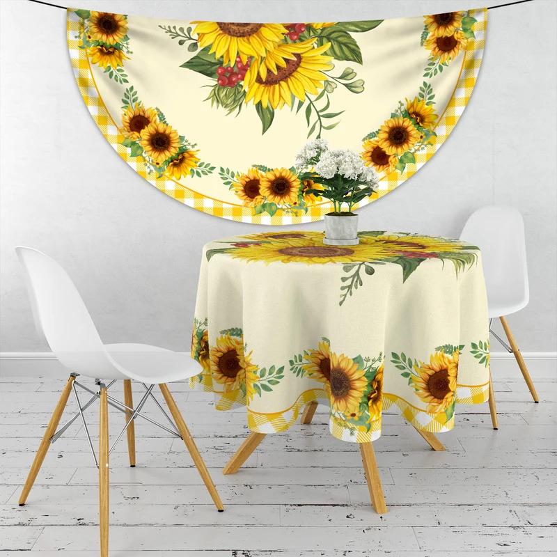 Product Introduction of 1pc Polyester Waterproof Sunflower Oil Painting Round Tablecloth With Mesh Border Table Cover Bohemian Tapestry Suitable For Decorative Or Functional Use In Any Indoor Or Outdoor Dining Occasion 15