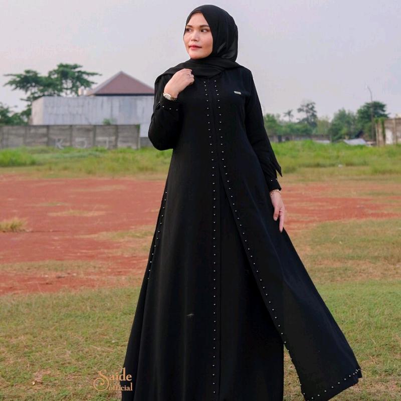 Zahra Dress jetblack premium original by saideofficial / pakaian dress gamis muslim wanita Hitam Polos Kantong Lembut Mutiara Outer Semi Panjang Mewah Kancing Maxi Pesta Kancing 1