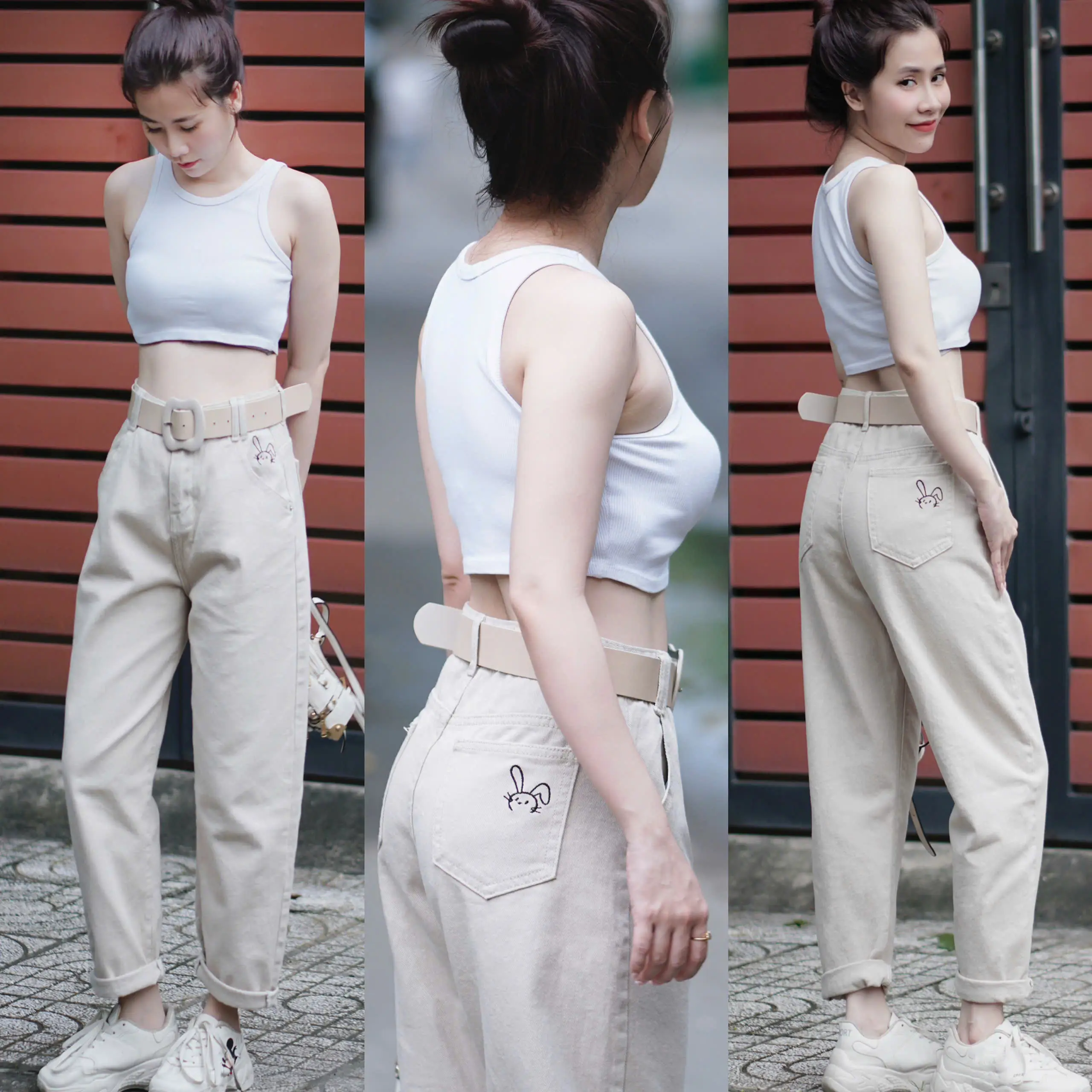[DÀI 90CM] Quần Baggy Jean Nữ Thêu Thỏ Nhỏ Xinh Vải Mềm Lưng Cao Tôn Dáng