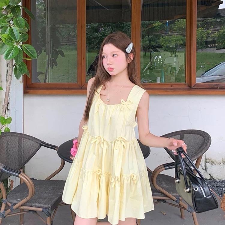 Váy babydoll 2 lớp đính nơ chất vải thô gió mềm mát freesize- Halinh- M219