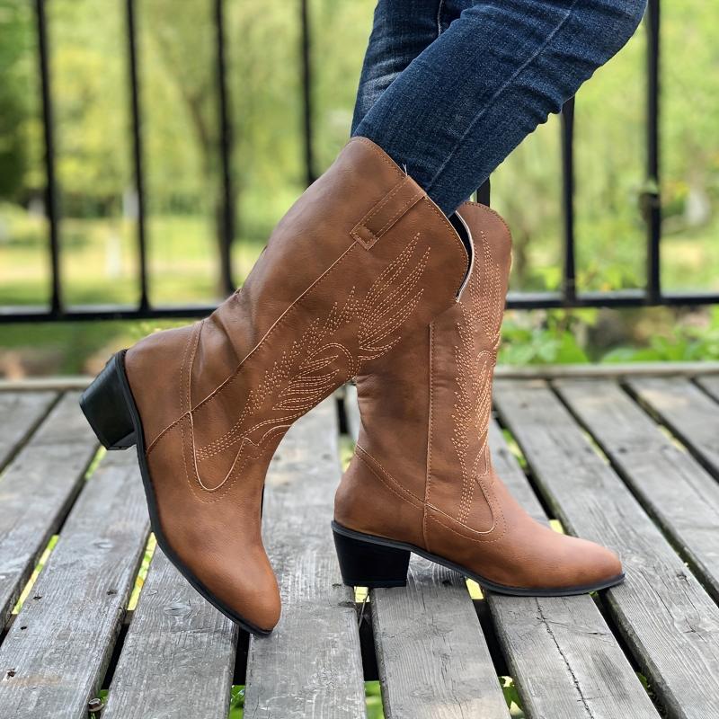 Women's Solid Color Chunky Heel Boots, Fashion Point Toe Mid Calf Boots, Stylish Western Cowboy Boots 4