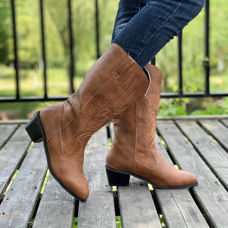 Women's Solid Color Chunky Heel Boots, Fashion Point Toe Mid Calf Boots, Stylish Western Cowboy Boots 4