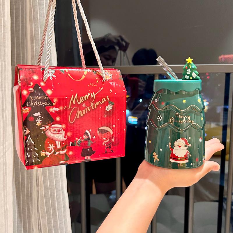 Cốc sứ Noel thiết kế cây thông giáng sinh Tặng quà cho người yêu và bạn bè giáng sinh ý nghĩa Có Hộp quà ống hút SDB 01