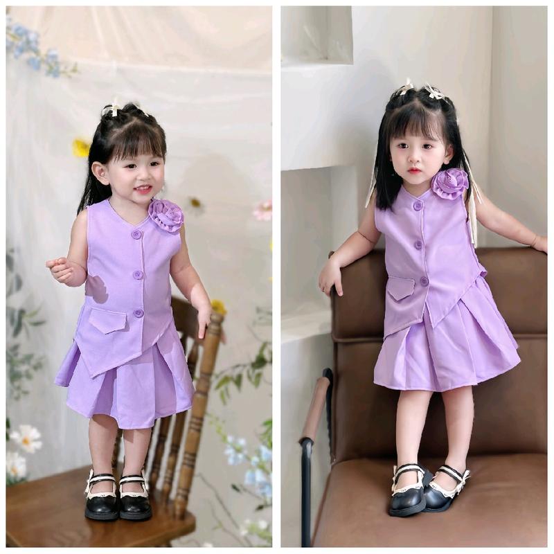 (VSN10) Sét Bộ Áo Vest Sát Nách Gắn Bông Sành Điệu Cho Bé Gái Từ 8-30kg