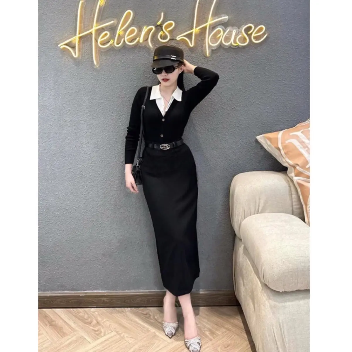 Áo len tăm phối cổ sơmi nữ màu đen/ ghi hàng QC TOP WOMEN