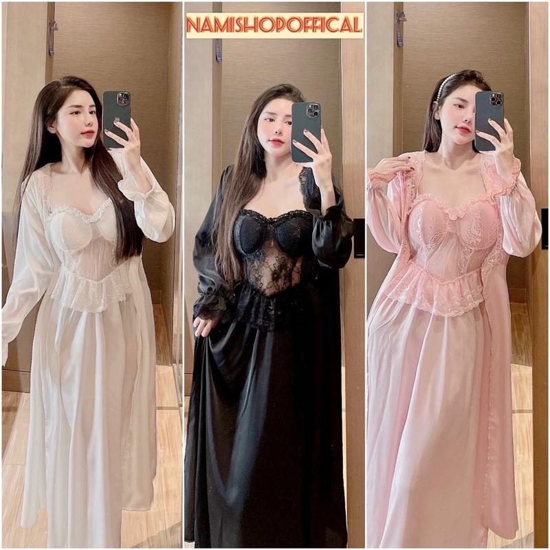 Đầm ngủ nữ phong cách công chúa 2 dây sẹc si kèm áo choàng chất vải lụa latin sang sịn mịn Freesize Hàng thiết kế cao cấp Women Kem