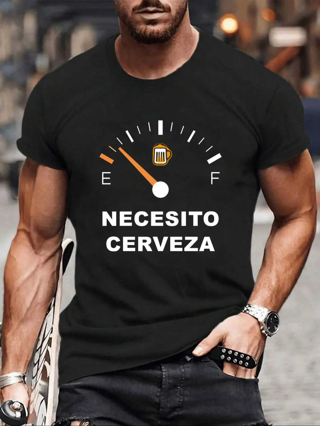 Men's Regular Fit "NECESSITO CERVEZA" Print Round Neck Tee, Casual Short Sleeve Crew Neck T-shirt for Summer, Fashion Men's Top for Daily Wear, Tropical