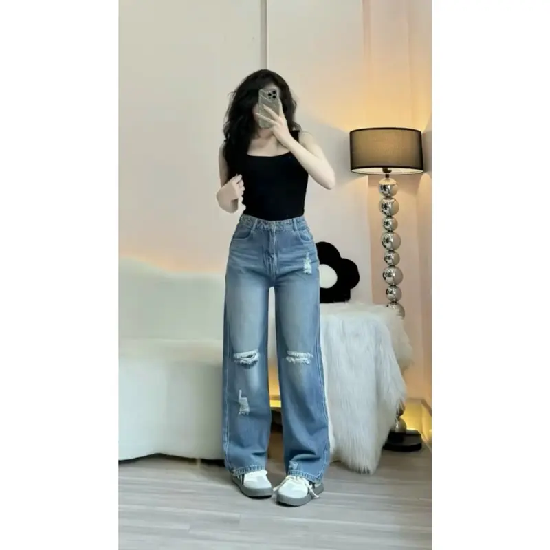 Quần Jean Rách Hugo store , Quần Bò Nữ Ống Suông Màu Xanh Rêu T1 Pants Women Kem quansuong  namlun m5 quần xs 7