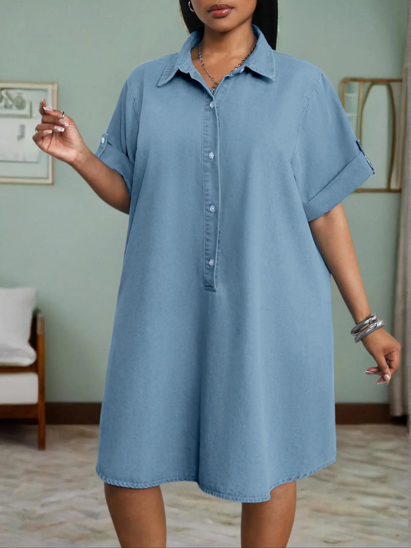 【Plus Size】 Plain Collared Denim Dress, Casual Short Sleeve Dress for Daily Wear, Women's Plus Clothing for All Seasons