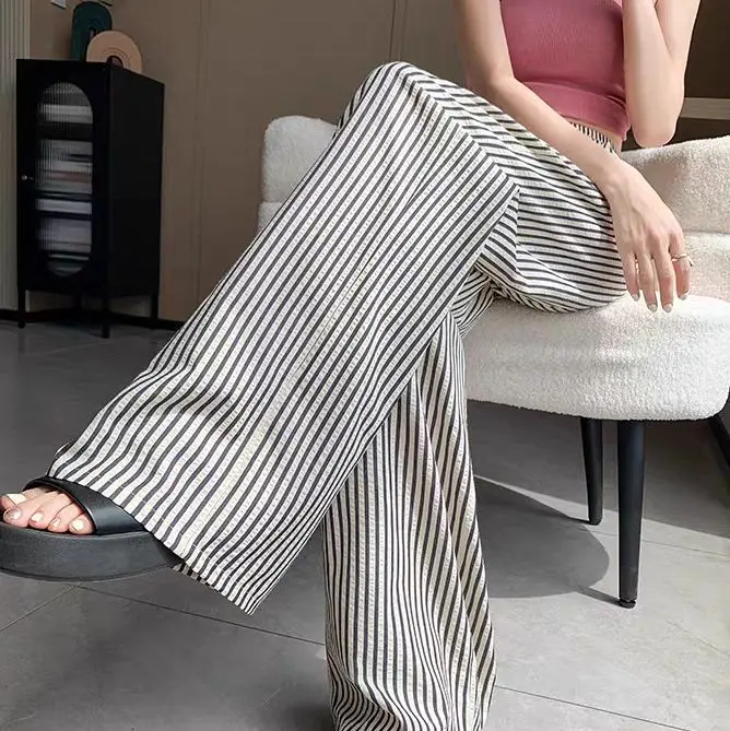 Combo 2 Quần kẻ sọc nữ ống rộng cạp cao chất đũi mềm mát. Women 3