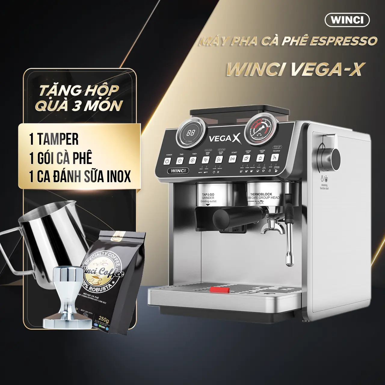 Máy Pha Cà Phê Tự Động Winci VEGA-X  Công suất 2800W Áp suất 20 Bar  2 Boiler Pha chế tự động Espresso Americano Cappucchino Xay cà phê máy xay cà phê Tặng 1 tamper inox ,1 gói cà phê robusta 250Gr, 1 ca inox