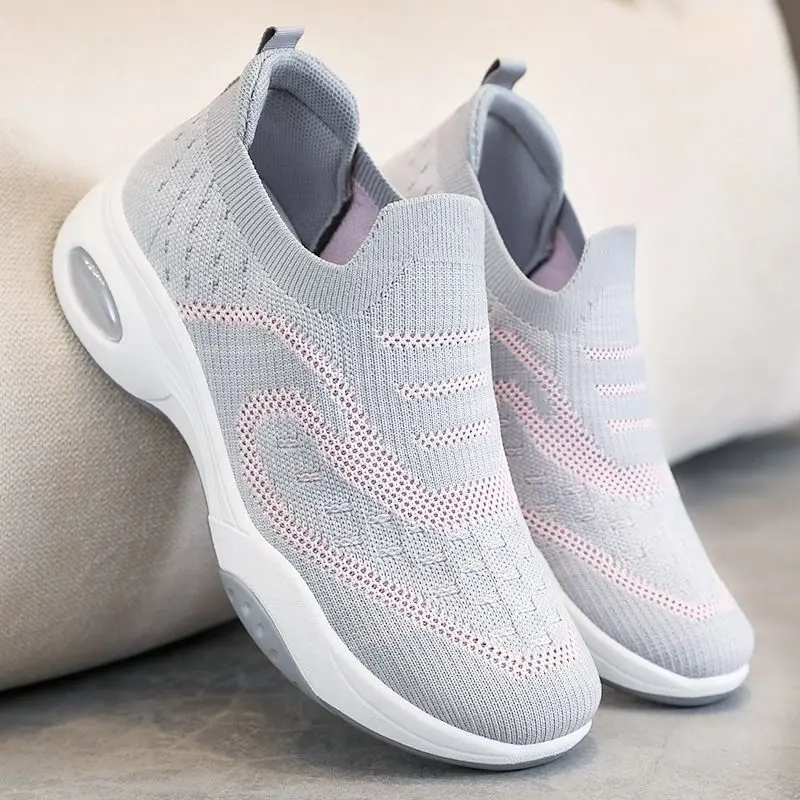 Flyknit - kasut sukan platform, bahan rajutan boleh renggang, tapak getah tebal, kasut Yoga kasual