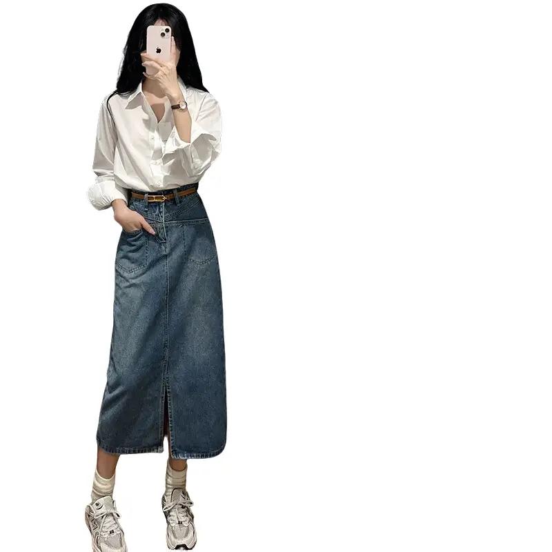  Cv chữ A xẻ tà trước cạp cao V12 Yuki Store Nữ tối giản Women Voan có thể giặt máy sang trọng ไม่เป็นทางการ hàn quốc xẻ tà thông thường Jean khóa kéo boho Kem  mididangdai chân váy dáng suông 