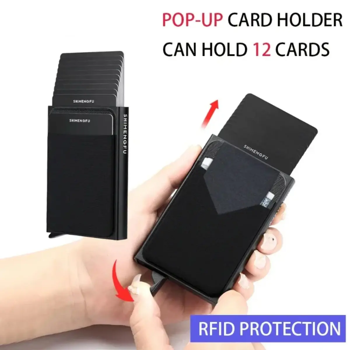Dompet aluminium langsing dengan kantung belakang keanjalan, pemegang kad kredit, ID, Mini RFID, Pop-Up Automatik, pemegang kad bank, Sarung lelaki Bags