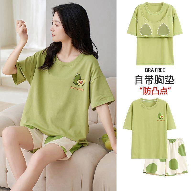 Product Introduction of Pajamas Women's Summer Short Oversleeves Sweet with Chest Pad Korean Cartoon Student Casual Homewear Loose plus Size Summer 38