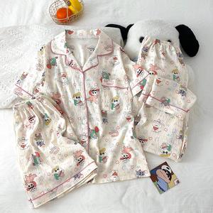 Set Piyama Wanita, Koleksi Musim Panas, 3 Helai, Pakaian Tidur Tenunan Kapas Awan Lembut, dengan Kolar Kartun Nakal, Bernafas dan Ringan, Selesa untuk Tidur Malam, Pakaian Rumah Selesa