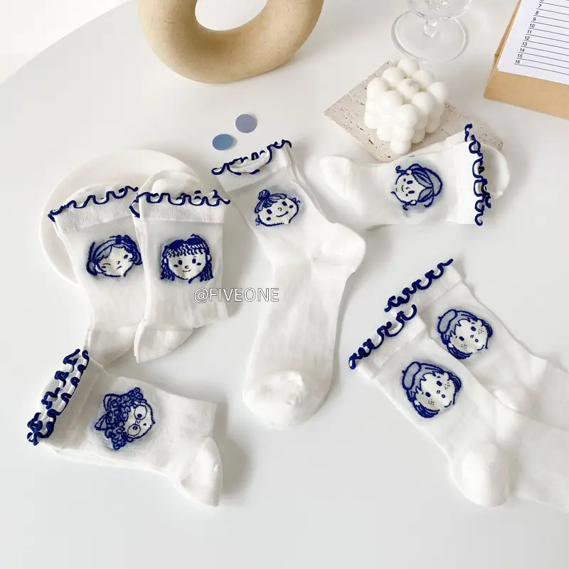 Tất Lolita, Vẽ Tay Nhật Bản, Ống Giữa, Mỏng, Màu Trắng, Hàng Mới Về Cho Mùa Hè, Viền Selvedge Dây Hàn Quốc, Làm Bằng Lụa Thẻ, Tất Nữ