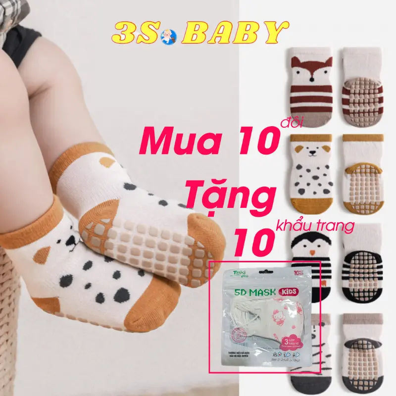 [Kèm Quà Tặng] Combo 10 đôi tất chống trượt cho bé 0-3 tuổi, Vớ tập đi hình thú Vải Cotton Len mềm mại ấm áp  BN03 Kem