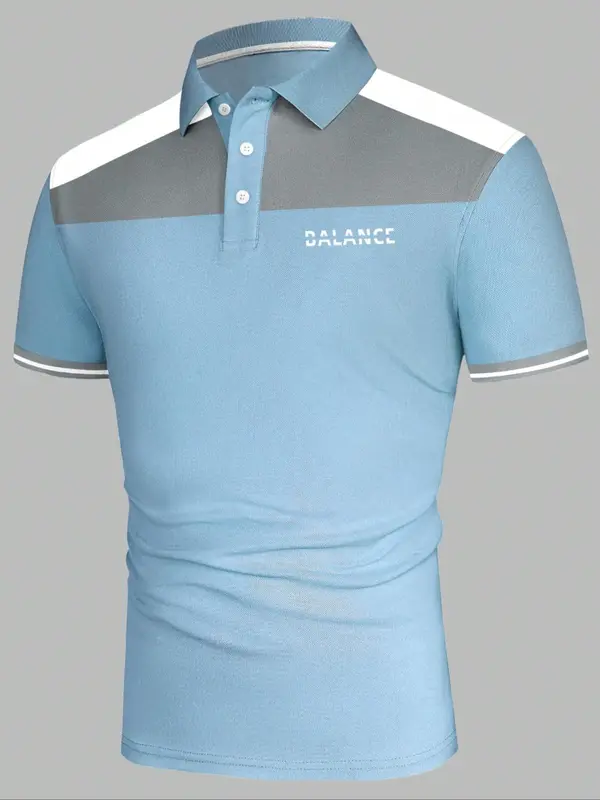 Men's Patchwork Letter Print Polo Shirt, Regular Fit Casual Short Sleeve Button Top, Fashion Men's Clothes for Summer 8