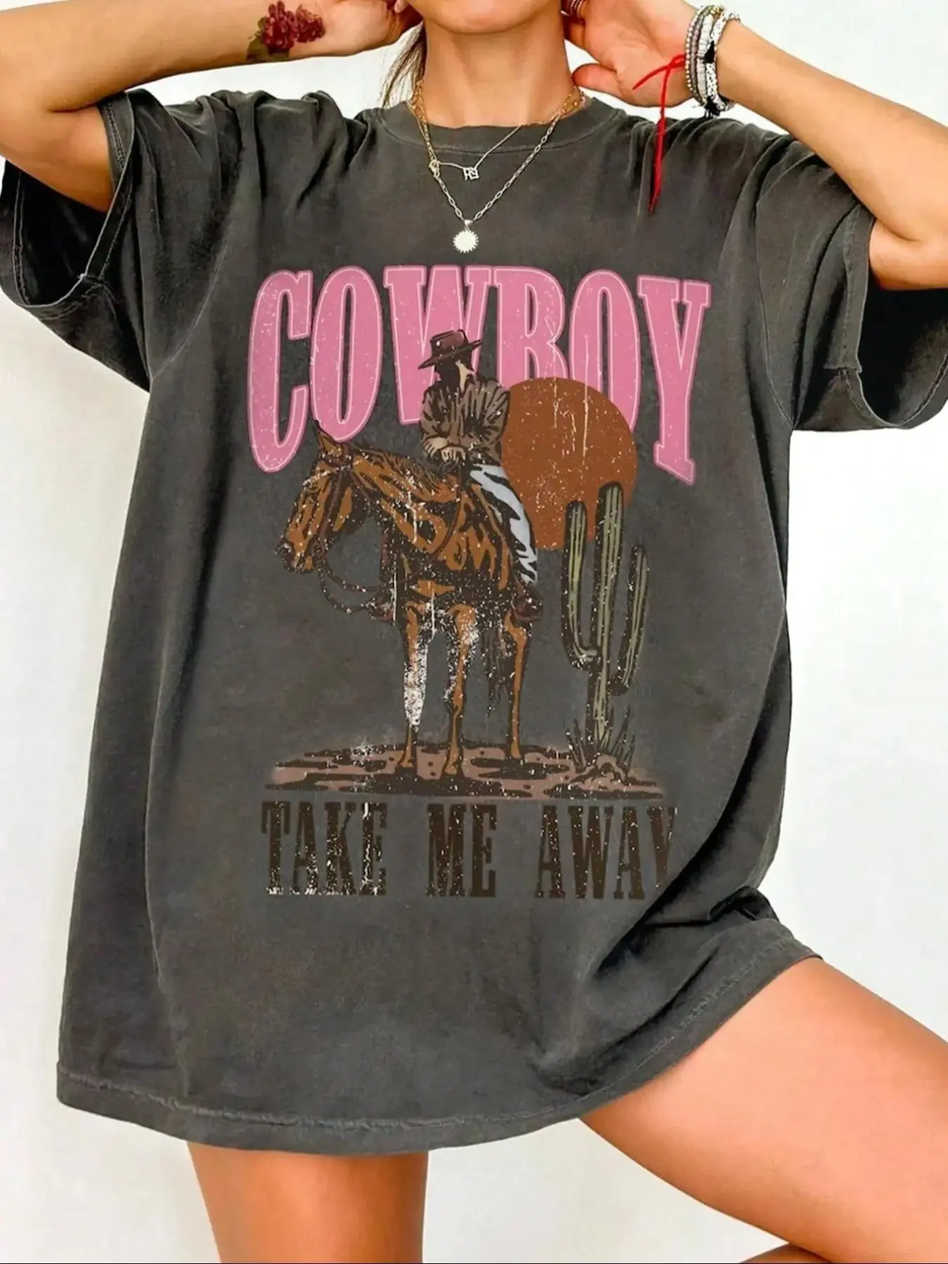 Women's Cowboy & Letter Print Round Neck Tee, Vintage Trendy Casual Short Sleeve T-shirt for Daily Wear, Ladies Summer Outfit, Top