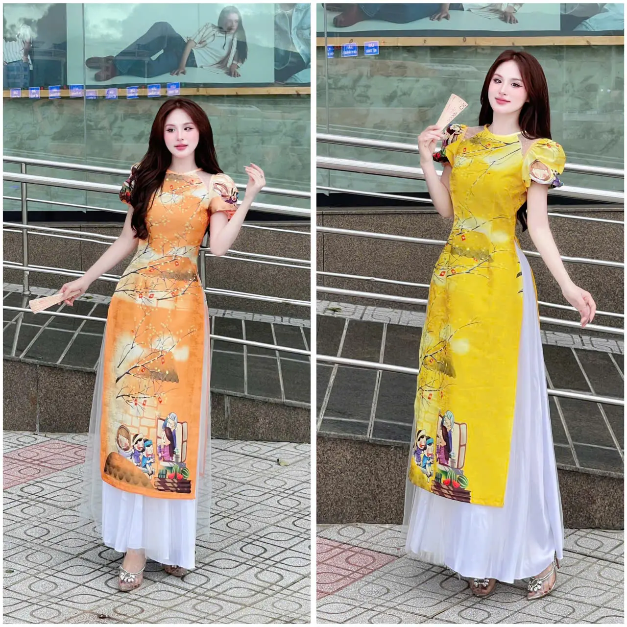 Fatraly - ADTK39 - Áo dài nữ Gấm tay bồng ngắn trẻ trung lạ mắt