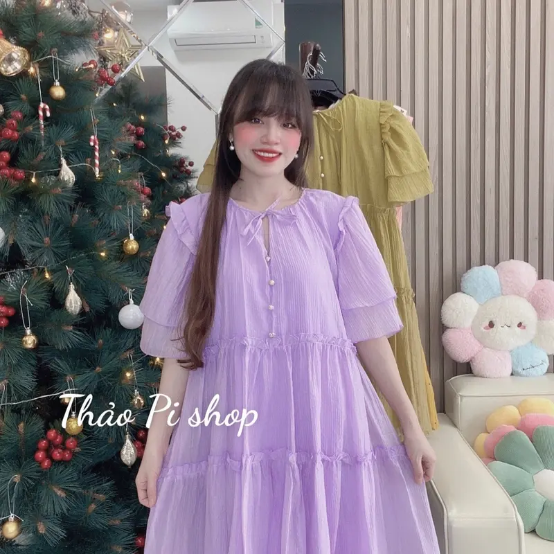 Đầm babydoll Nữ dáng suông rộng tay phồng phối nút siêu đẹp - M8 5