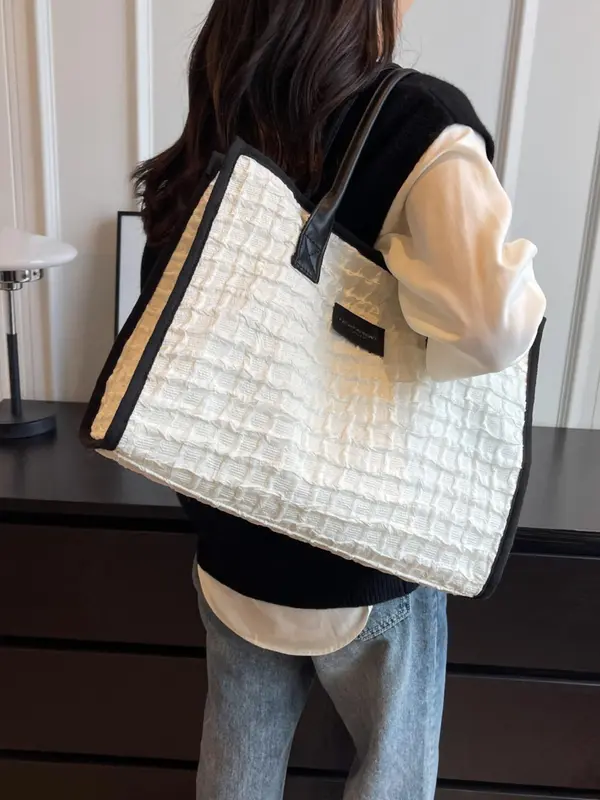 Textured Tote Bag With Zipper, Fashionable Solid Color Large Capacity Casual Shoulder Bag for Women & Girls 2